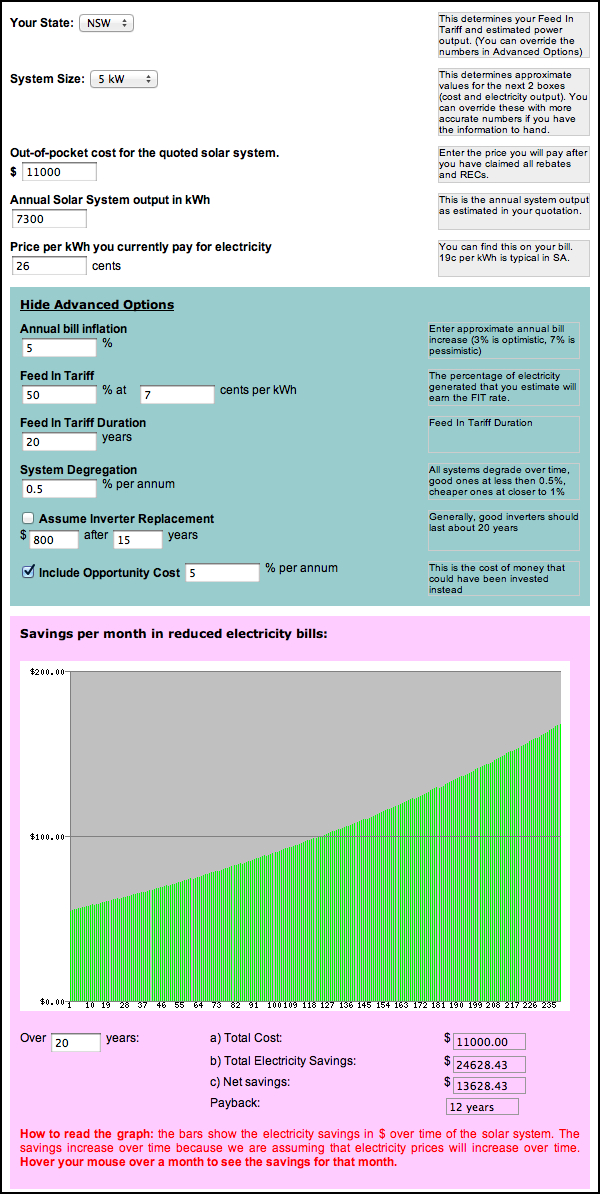 A screenshot of the solar payback calc