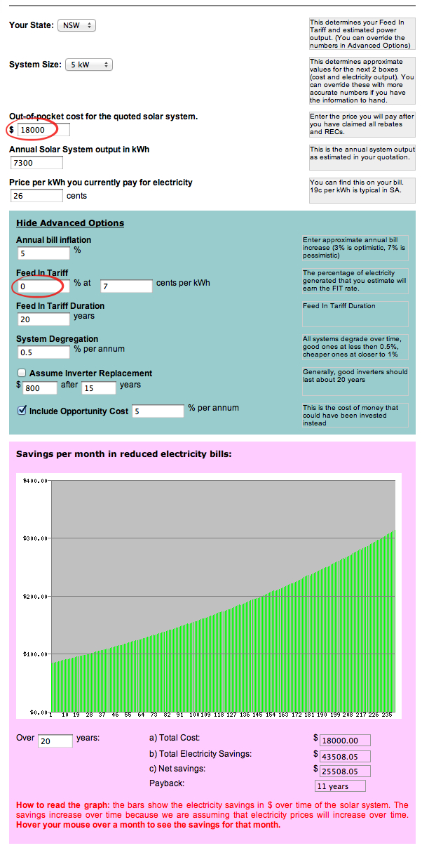 screenshot of calculator with hybrid settings