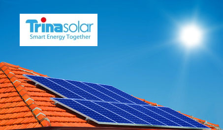 solar panels on a roof and trina solar logo