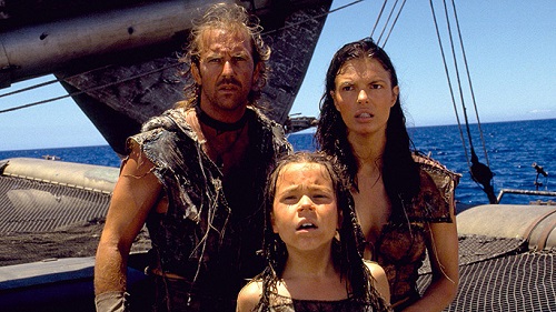 A picture of three survivors of a world wide environmental disaster from the movie Waterworld.