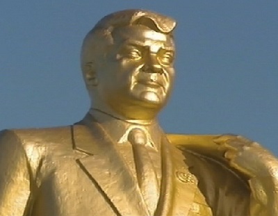 A giant, golden statue of Donald Trump saying, "This is my final form!"