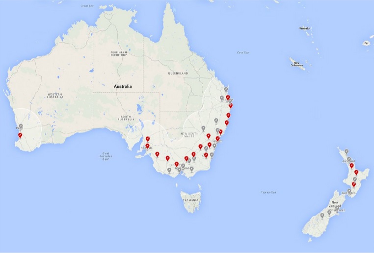 Tesla supercharger locationsin Australia and New Zealand