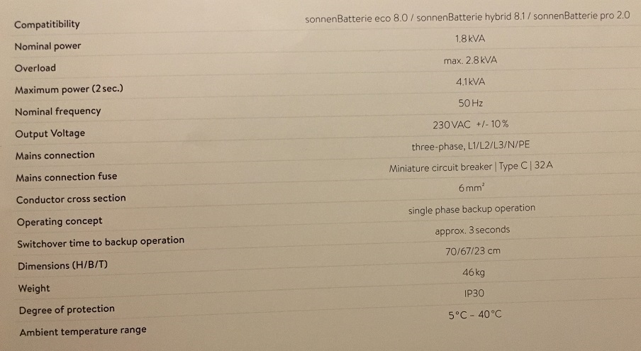 sonnenBackup-Box specifications