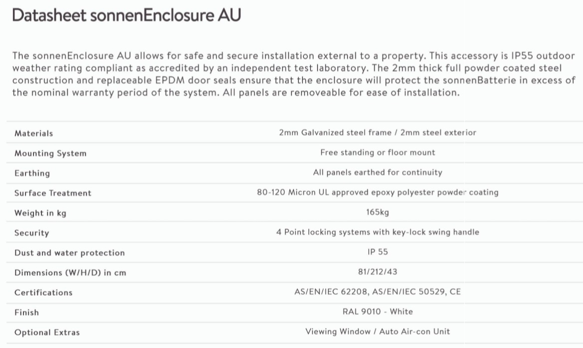 Sonnen battery outdoor enclosure specifications
