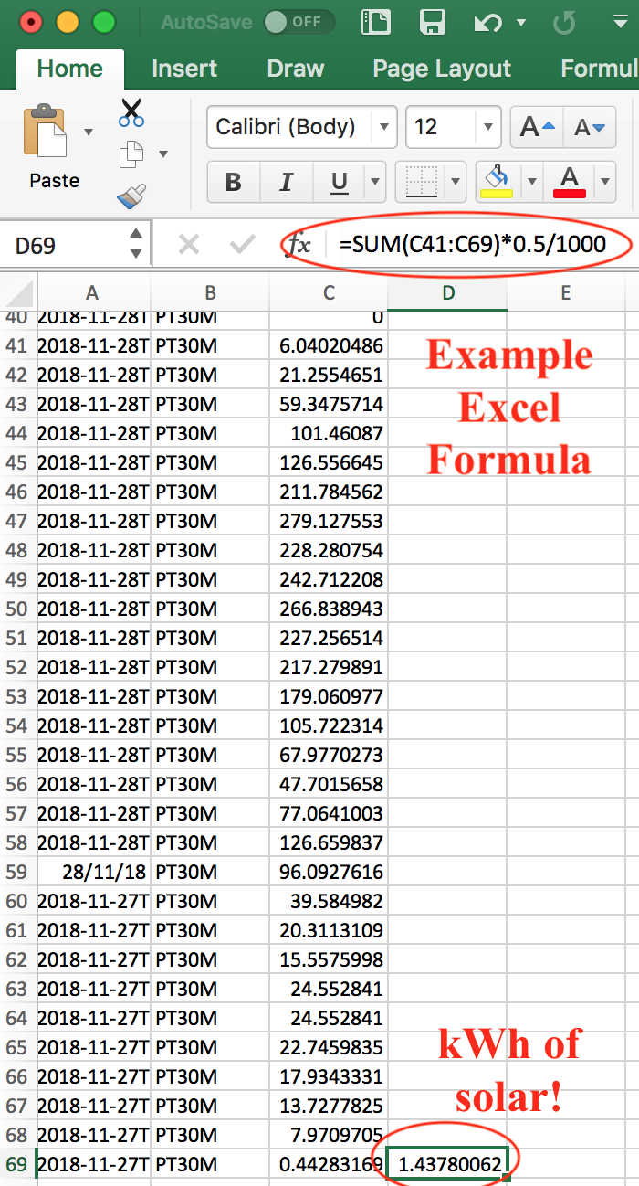 Excel calculation kWh