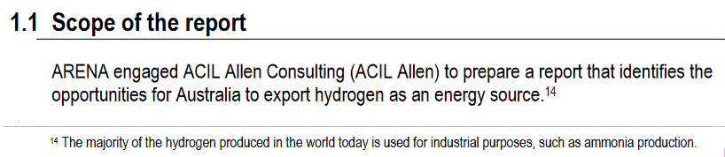 Scope of ACIL Allen hydrogen report for ARENA