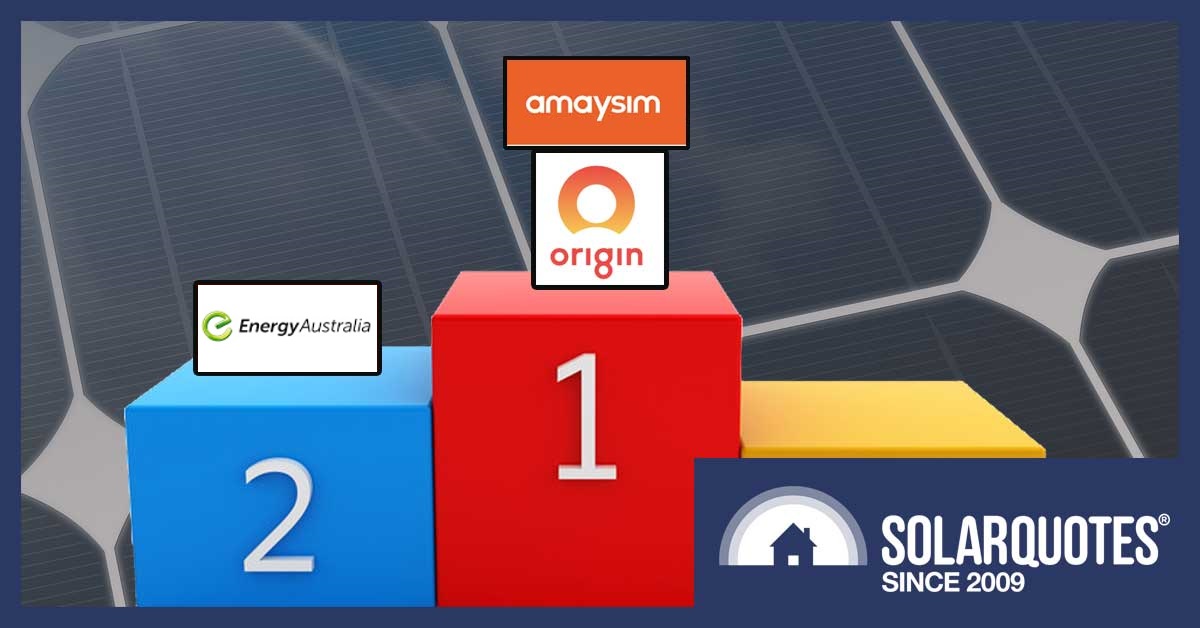 Winner's podium showing cheapest electricity plans for 6.5kW solar owners -- Amaysim, Origin, and Energy Australia.