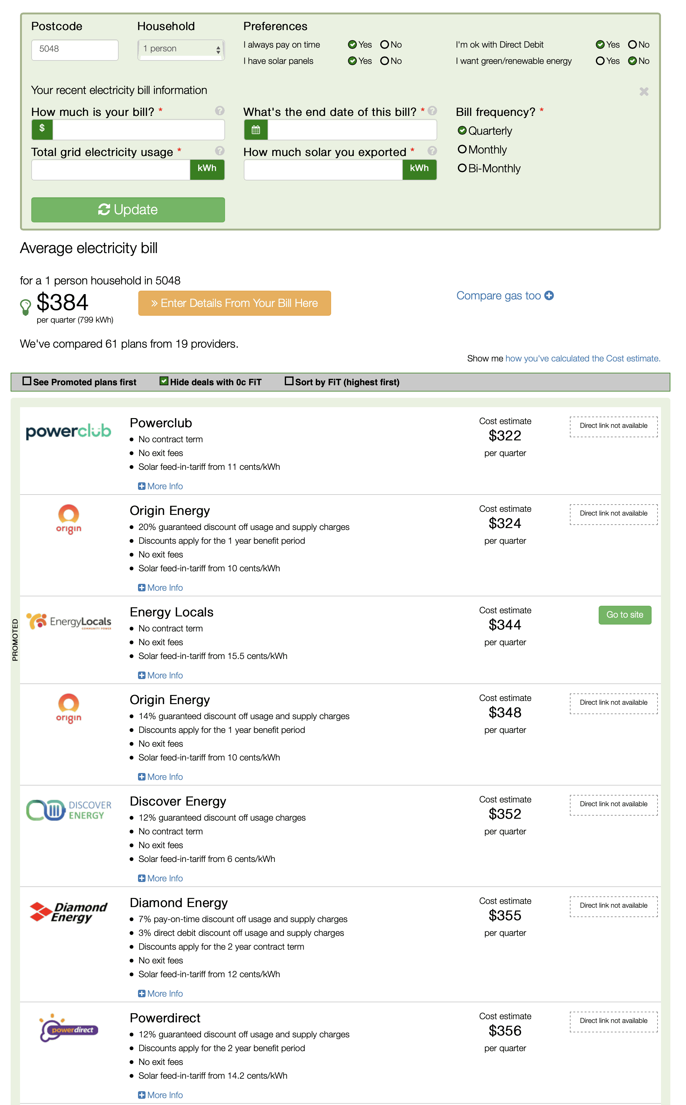 electrity rate retailer comparison tool