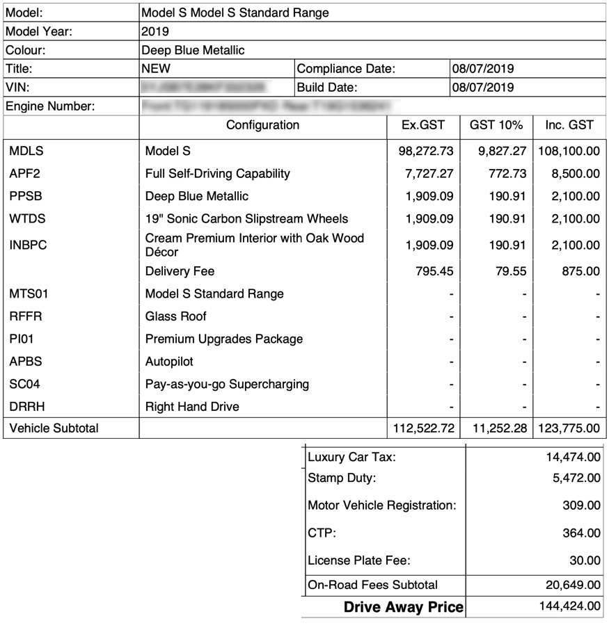 tesla model s invoice