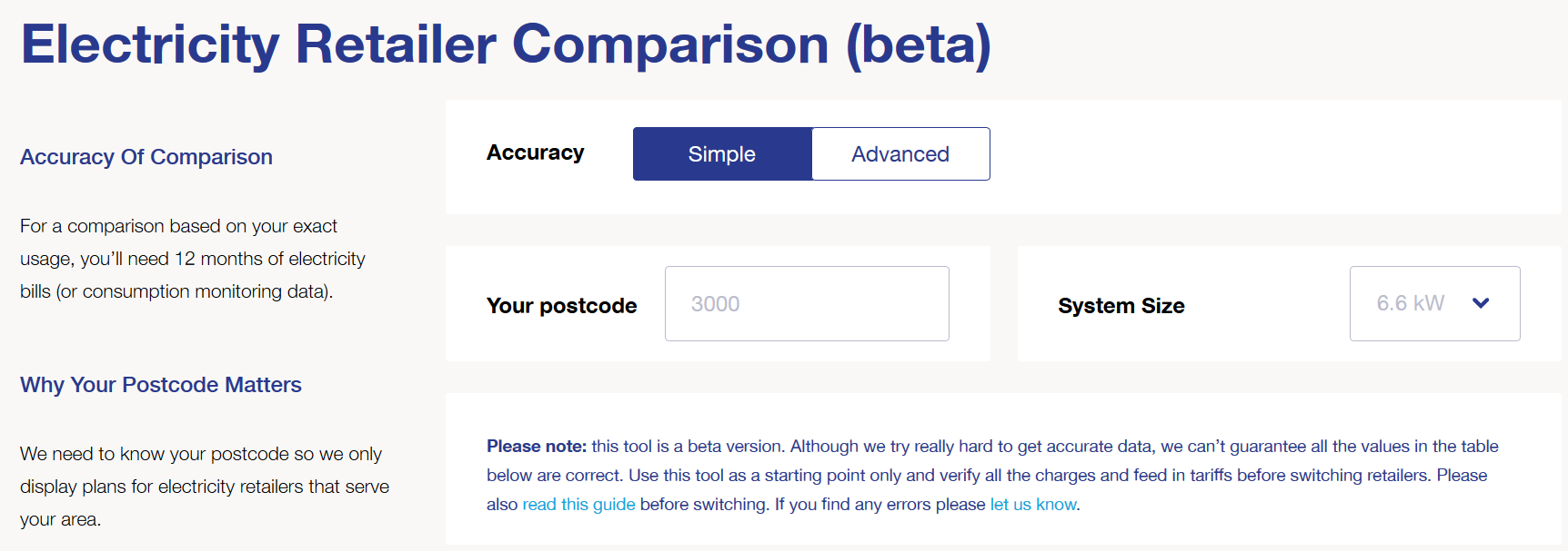 Electricity retailer comparison beta