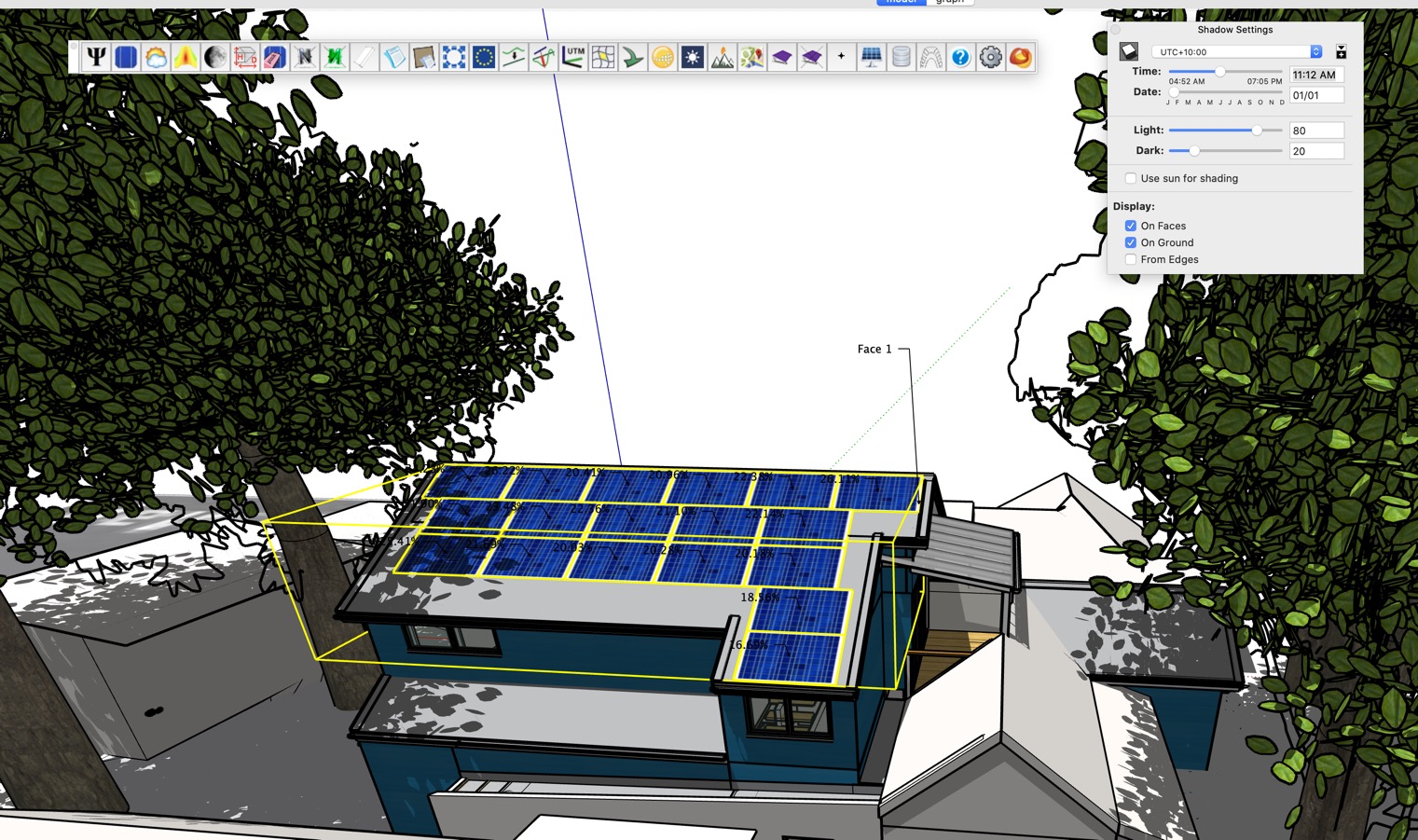 House, solar panels and trees - summer shading