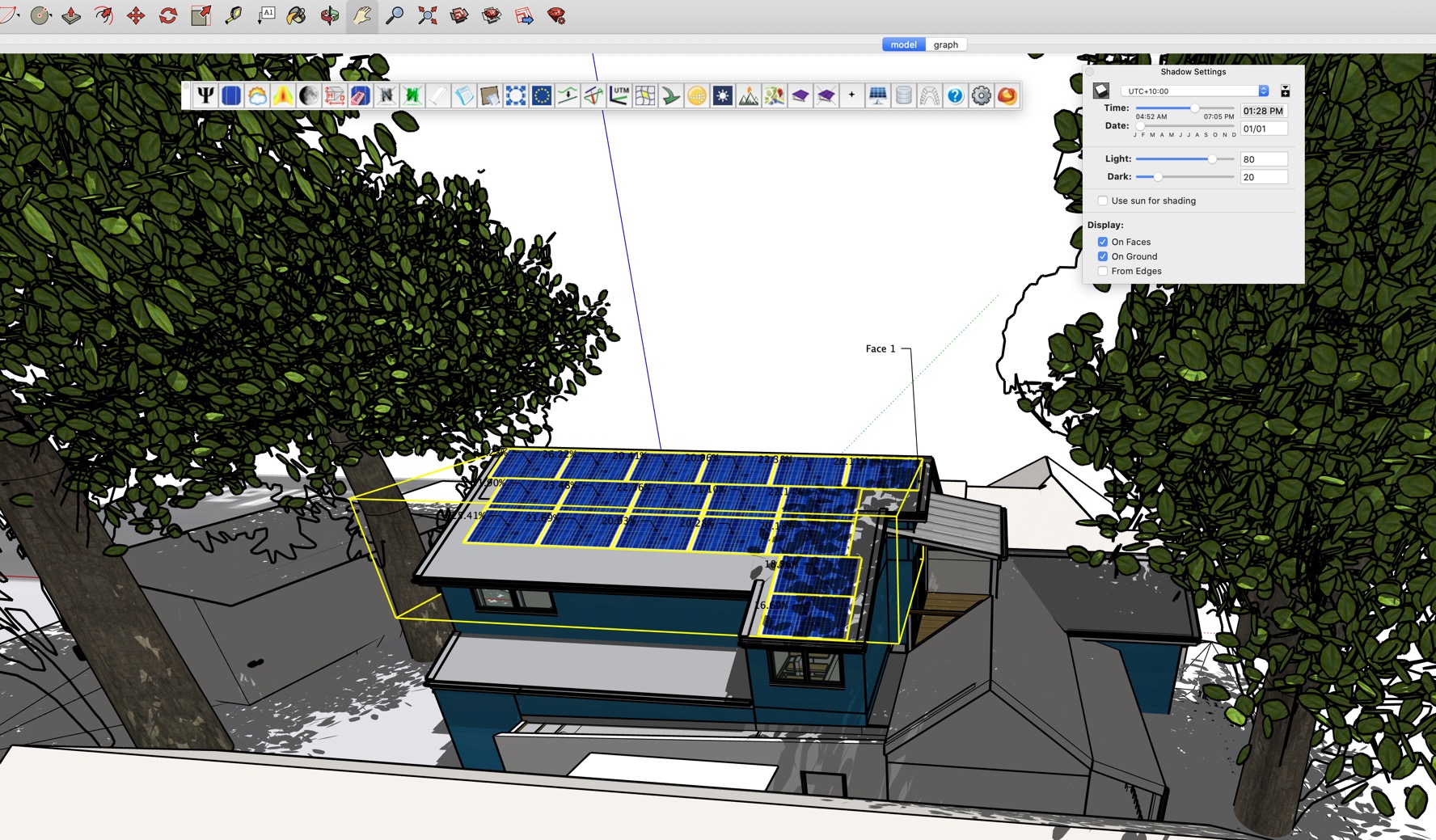 House, solar panels and trees - afternoon shading