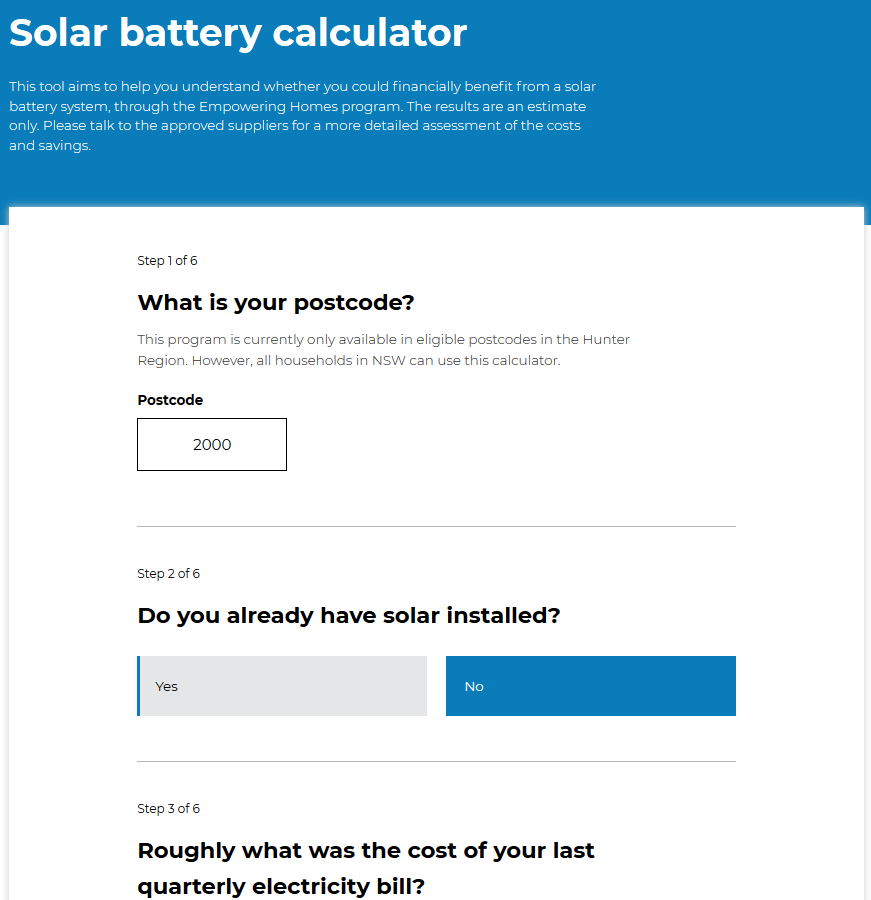 NSW Government solar battery calculator