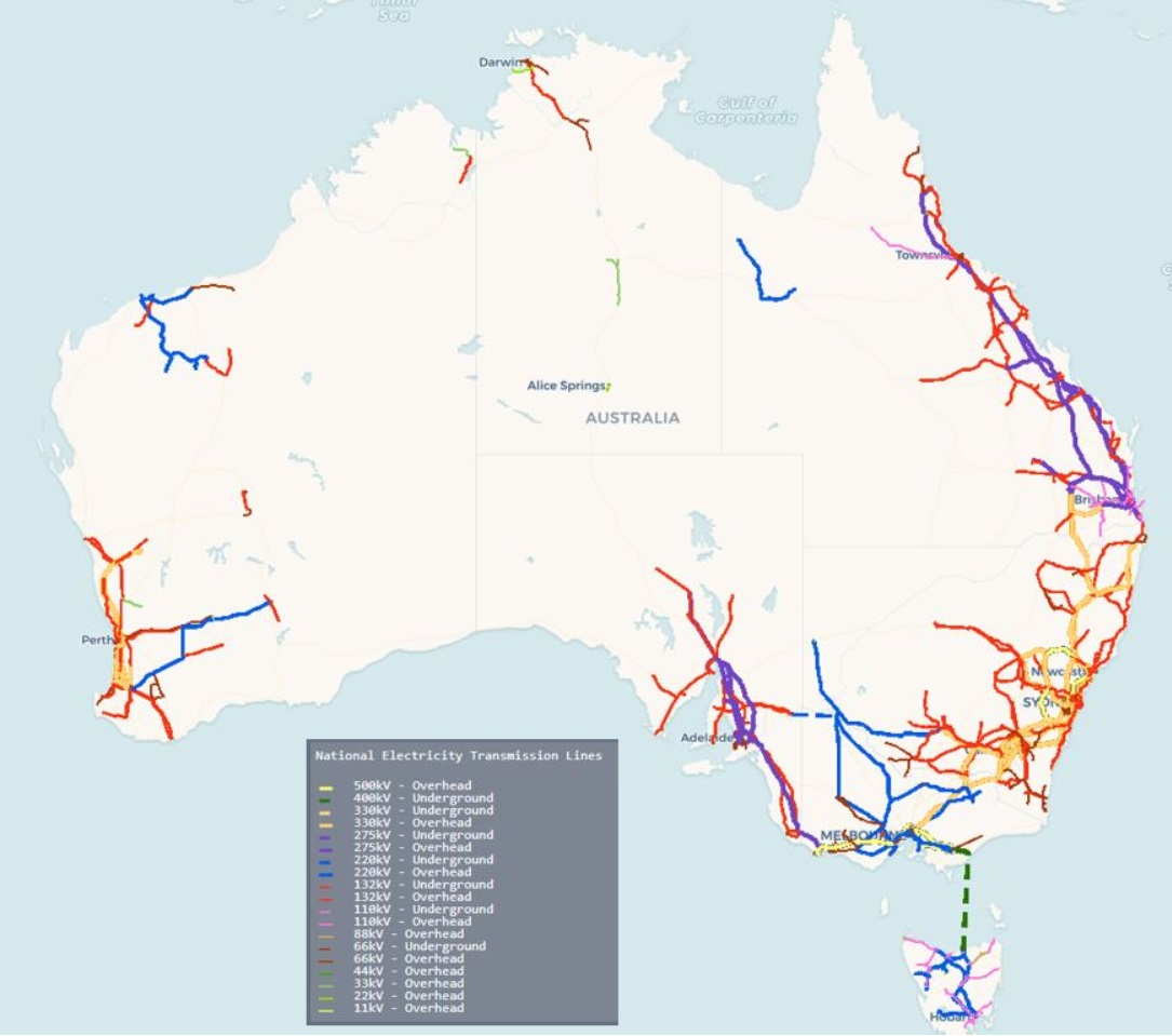 Australia's existing high voltage electricity transmission lines