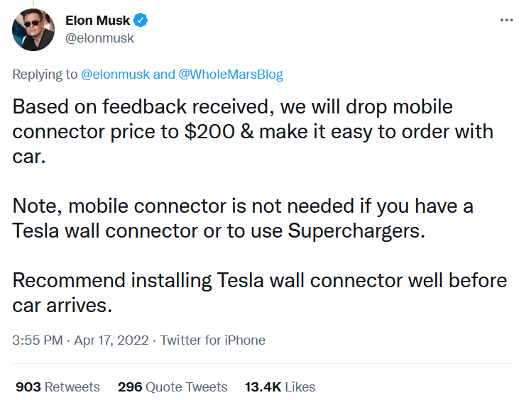 Tesla mobile EV connector cost