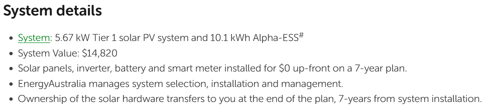 Energy Australia Solar Home bundle system specifications