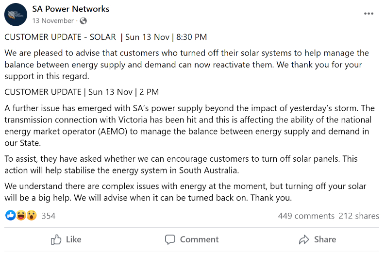 Anúncio de separação do sistema solar da SA Power Networks