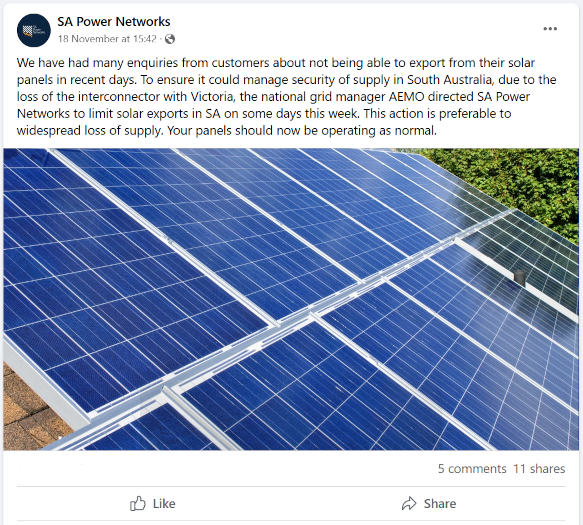 Propaganda da SA Power Networks para exportar energia solar