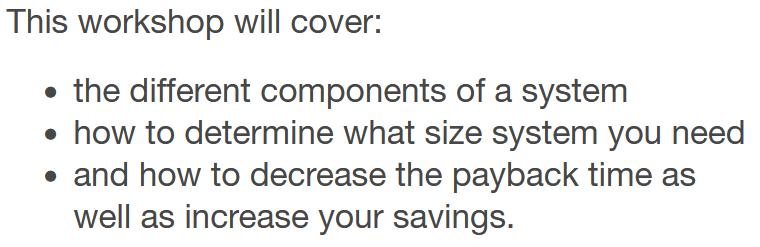 The ACT rooftop solar online workshop covers system size, payback time, and increasing your solar savings.