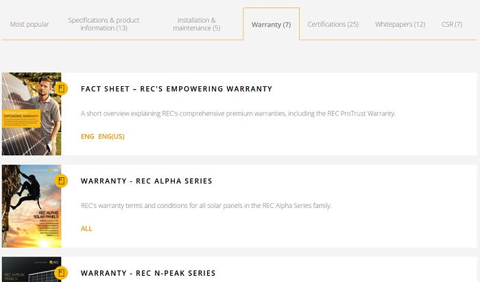 REC warranty downloads page