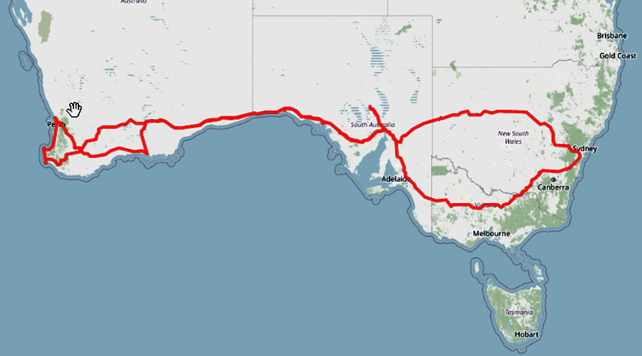 EV Sydney to Perth road trip route