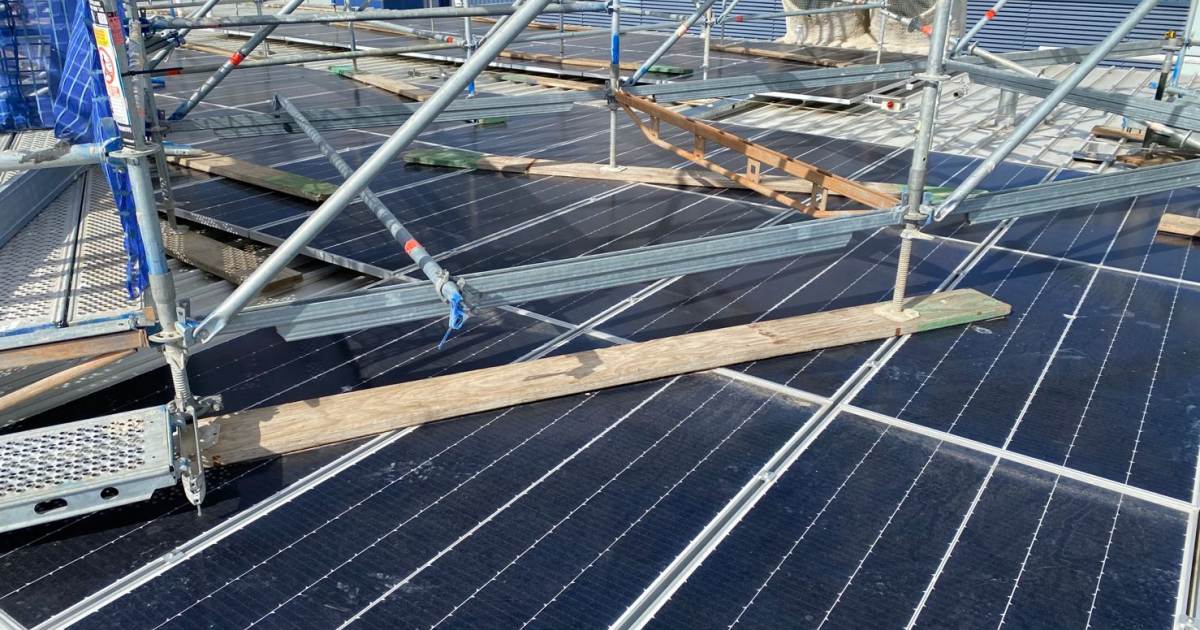 Scaffolding set up over solar panels