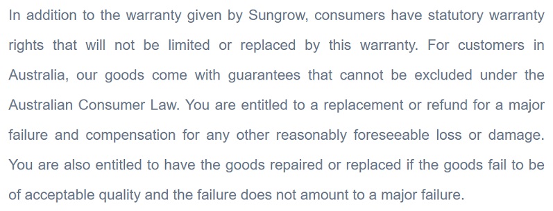 Australian consumer law statement in Sungrow warranty