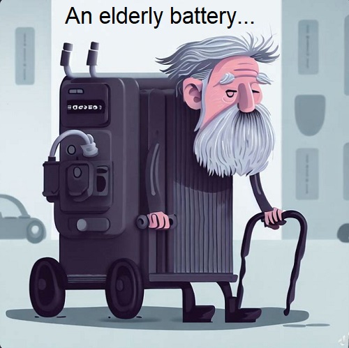 Cartoon of an elderly battery.