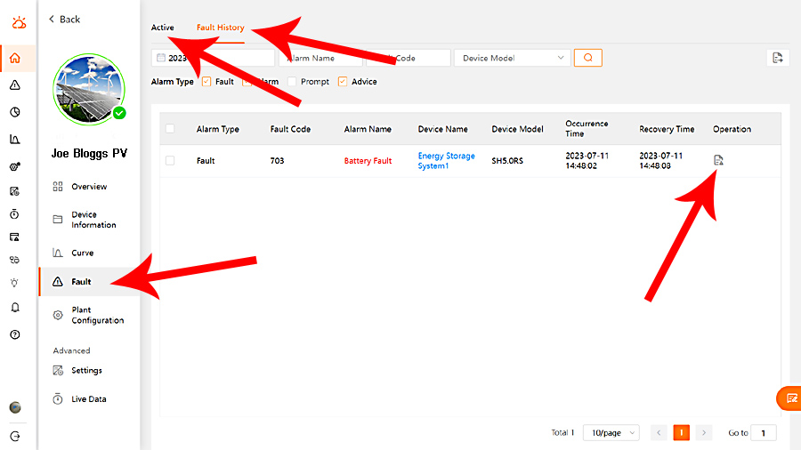 iSolarCloud monitoring - active and fault history