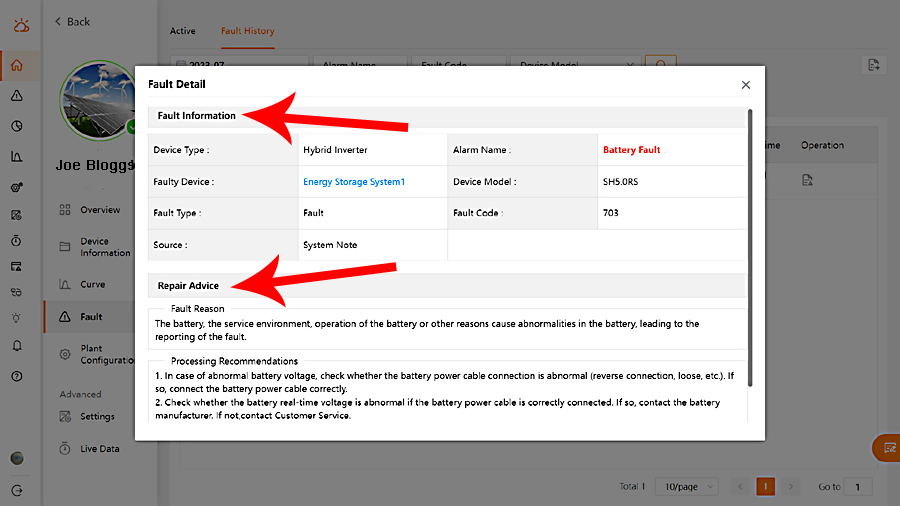 iSolarCloud monitoring - fault info and advice