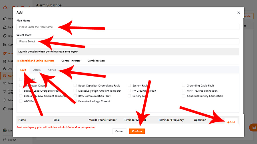 iSolarCloud monitoring - fault contingency plan dialogue box