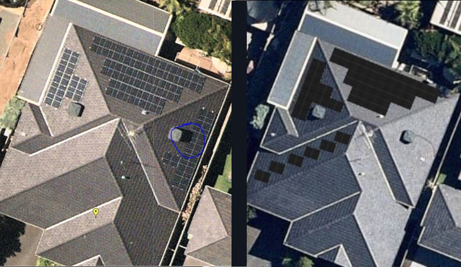 Solar panels on a complex roof - original plan vs finished project