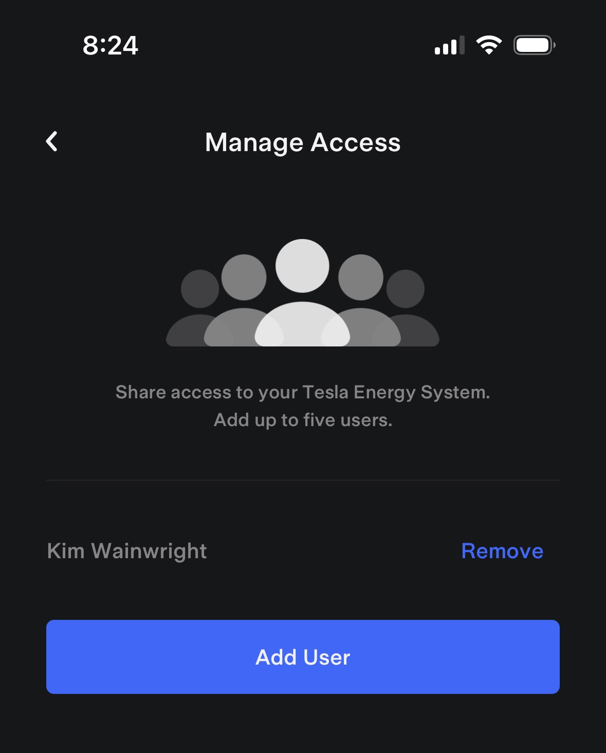 tesla app's manage access screen