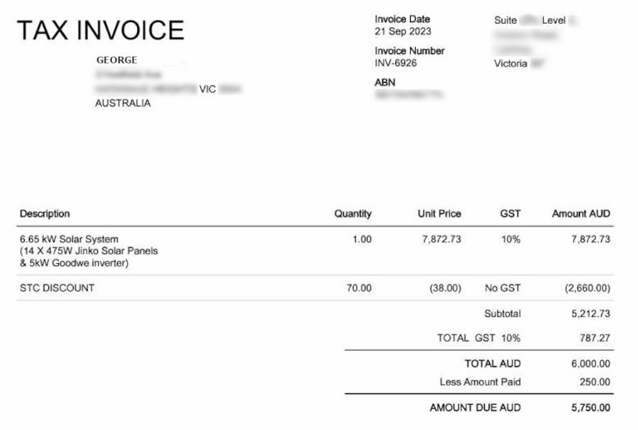 invoice for George's solar system