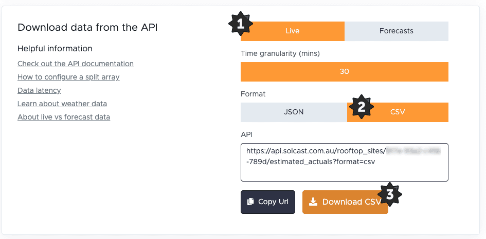 what buttons to press to download energy data from Solcast