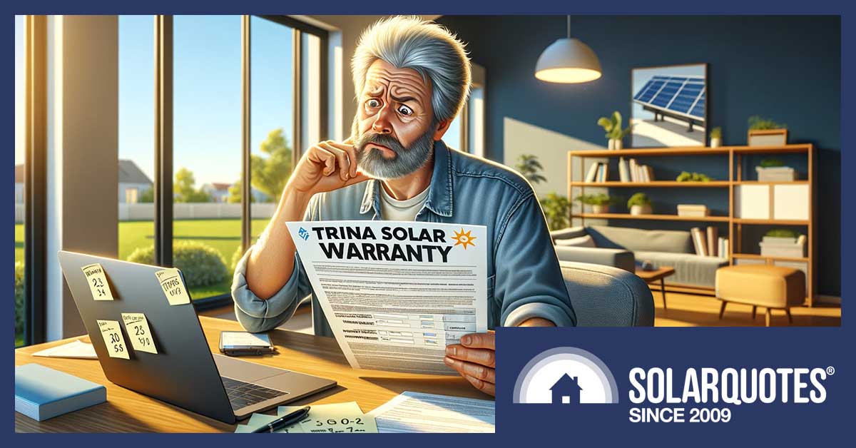 a befuddled homeowner reading a Trina warranty document