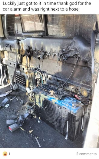 Car interior fire from battery