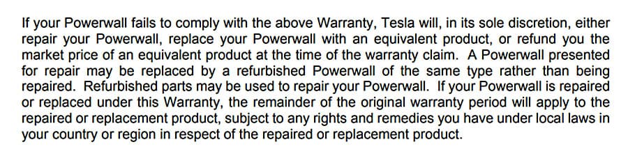 Powerwall warranty wording