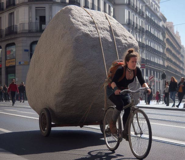 bicycle towing a rock