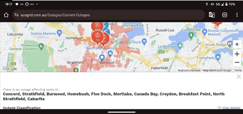 A screenshot displaying a map of unscheduled Ausgrid outages
