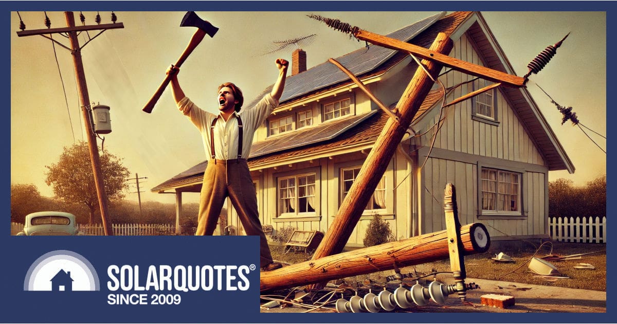 Man triumphantly cutting down a utility power pole