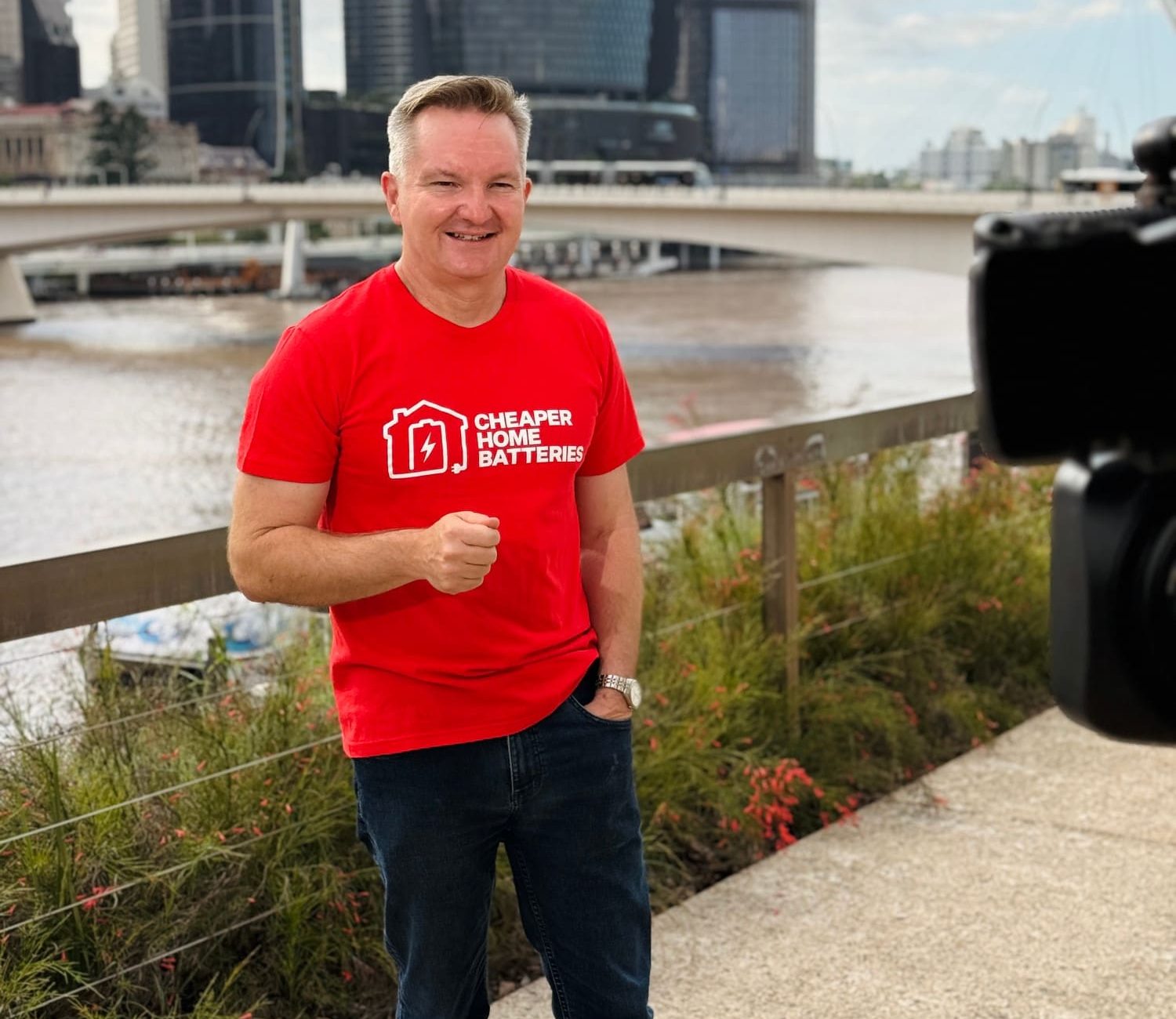 Energy Minister Chris Bowen wearing a Cheaper Home Batteries program