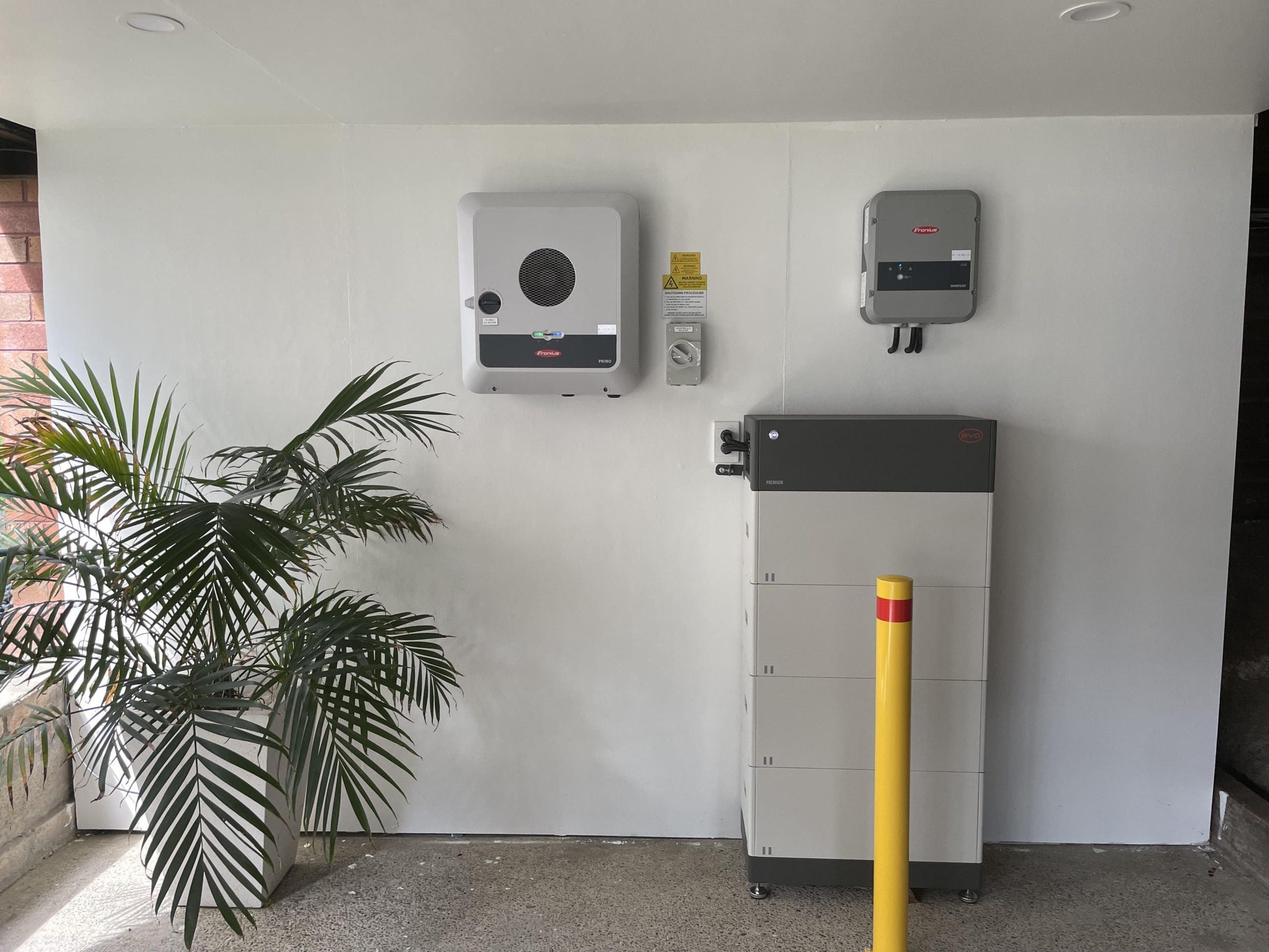 A BYD battery next to a pot plant.