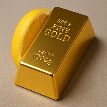 A slice of lemon wrapped around a large gold brick.