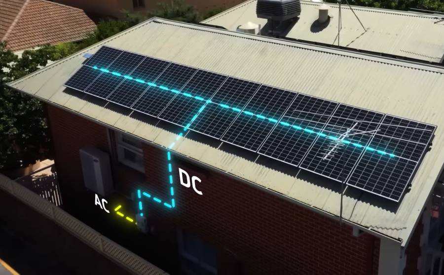 Solar inverter converting DC current from panels to AC.