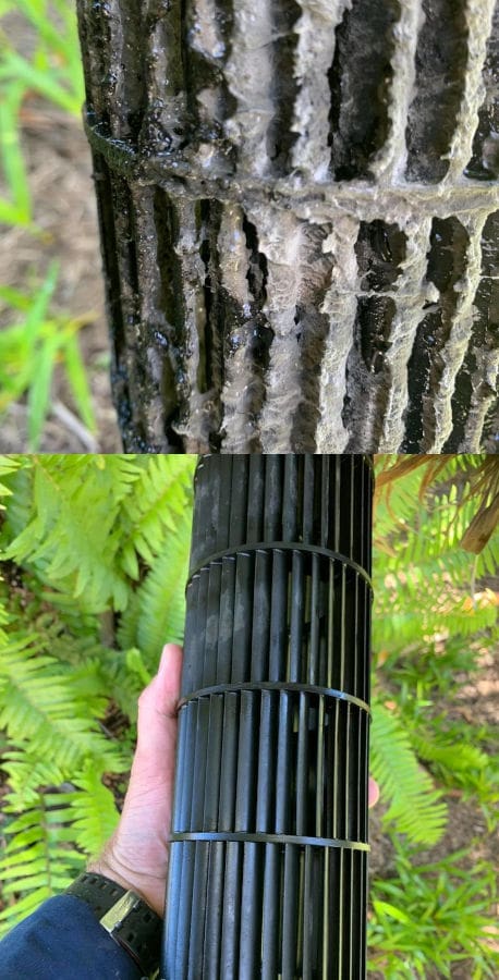 before and after of a dirty air con fan