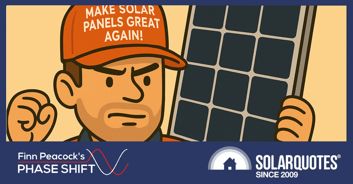 A man with a red hat that reads 'make solar panels great again'.