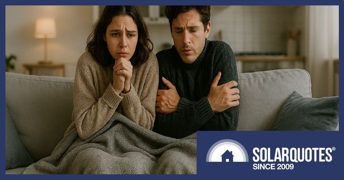 An Australian couple huddled under a blanket in their rental home