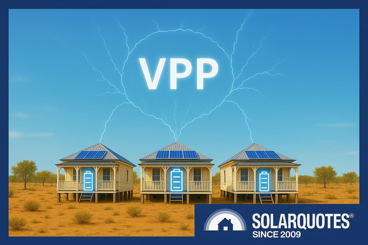 Three Australian homes with battery symbols linked by glowing electrical lines that rise up to encircle the letters "VPP".