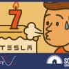 A man blowing out a Tesla birthday candle.